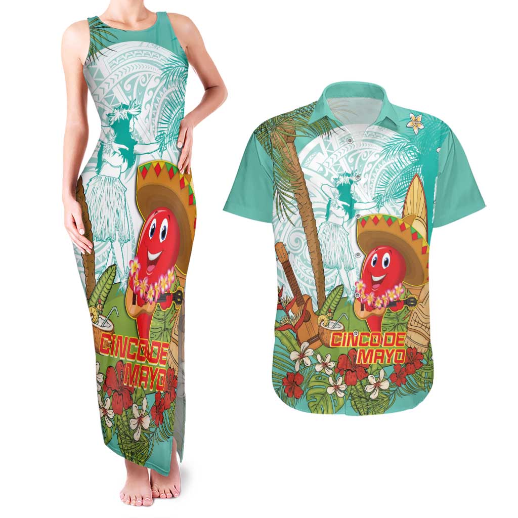 Hawaii Cinco de Mayo Couples Matching Tank Maxi Dress and Hawaiian Shirt Chili Pepper Hula Girl Tropical Vibes LT14 Turquoise - Polynesian Pride