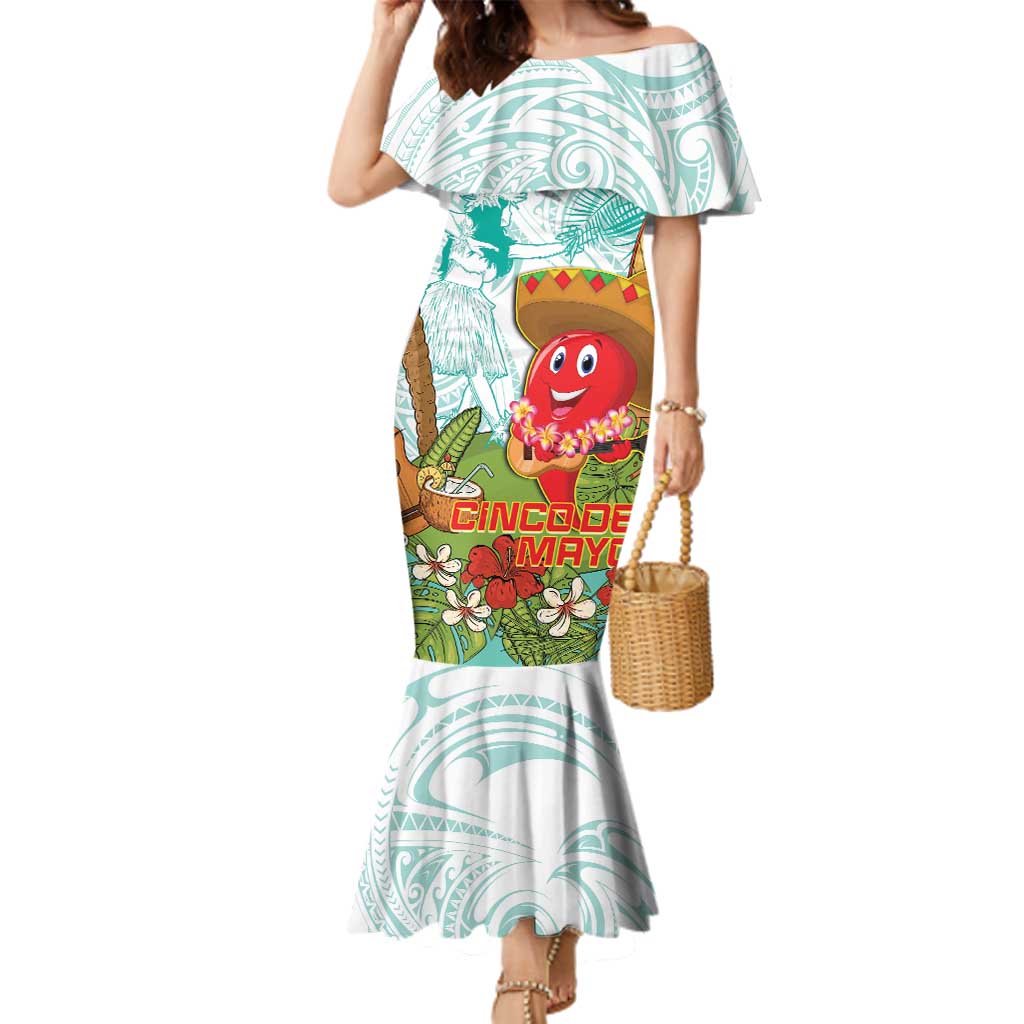 Hawaii Cinco de Mayo Family Matching Mermaid Dress and Hawaiian Shirt Chili Pepper Hula Girl Tropical Vibes LT14 Mom's Dress Turquoise - Polynesian Pride