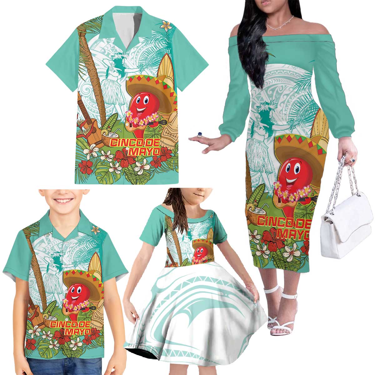 Hawaii Cinco de Mayo Family Matching Off The Shoulder Long Sleeve Dress and Hawaiian Shirt Chili Pepper Hula Girl Tropical Vibes LT14 - Polynesian Pride