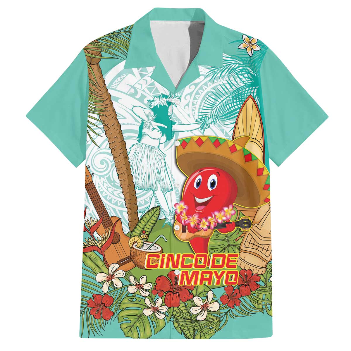 Hawaii Cinco de Mayo Family Matching Off The Shoulder Long Sleeve Dress and Hawaiian Shirt Chili Pepper Hula Girl Tropical Vibes LT14 Dad's Shirt - Short Sleeve Turquoise - Polynesian Pride