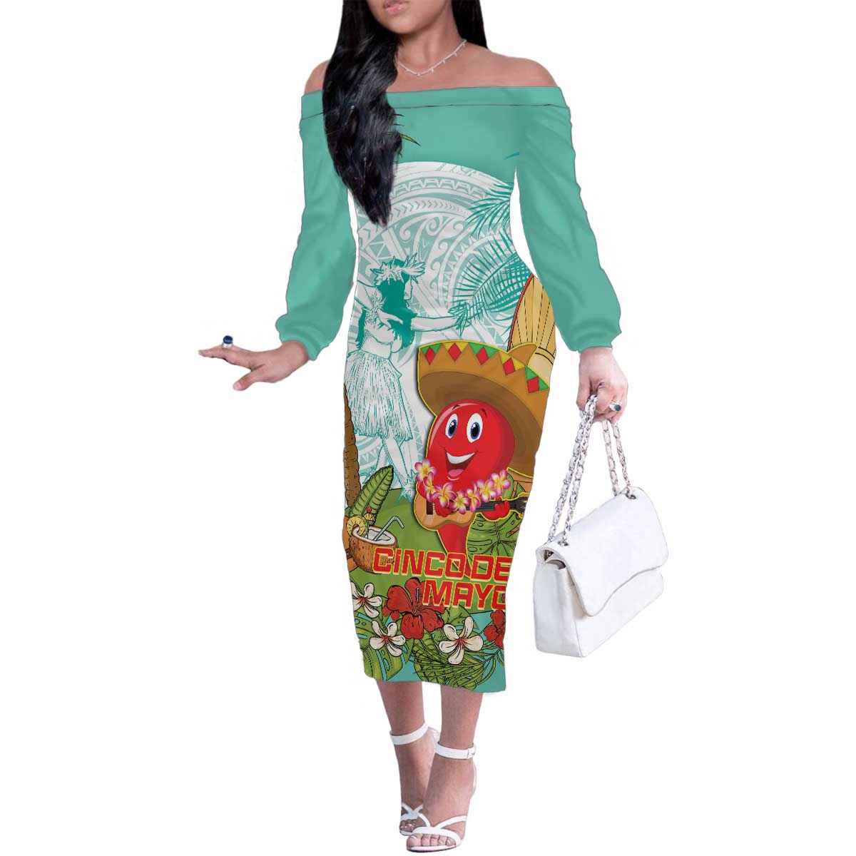 Hawaii Cinco de Mayo Family Matching Off The Shoulder Long Sleeve Dress and Hawaiian Shirt Chili Pepper Hula Girl Tropical Vibes LT14 Mom's Dress Turquoise - Polynesian Pride