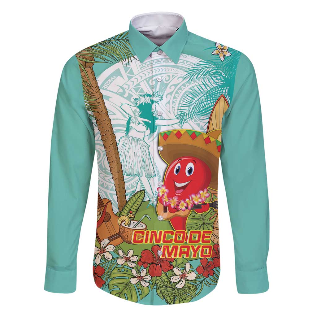 Hawaii Cinco de Mayo Family Matching Off Shoulder Maxi Dress and Hawaiian Shirt Chili Pepper Hula Girl Tropical Vibes LT14 Dad's Shirt - Long Sleeve Turquoise - Polynesian Pride