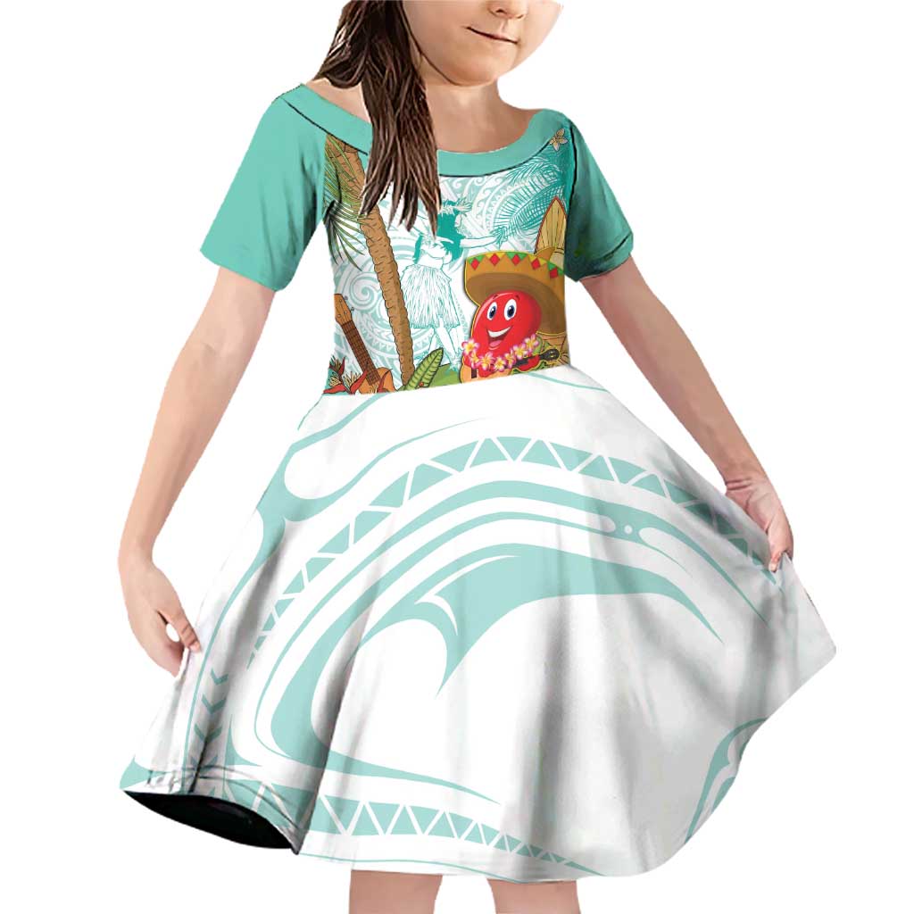 Hawaii Cinco de Mayo Family Matching Off Shoulder Short Dress and Hawaiian Shirt Chili Pepper Hula Girl Tropical Vibes LT14 Daughter's Dress Turquoise - Polynesian Pride