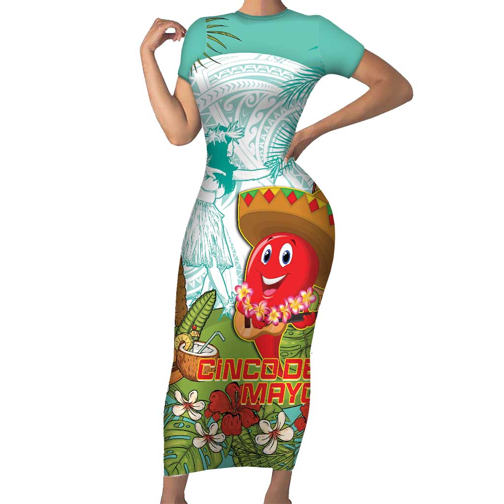 Hawaii Cinco de Mayo Family Matching Short Sleeve Bodycon Dress and Hawaiian Shirt Chili Pepper Hula Girl Tropical Vibes LT14 Mom's Dress Turquoise - Polynesian Pride