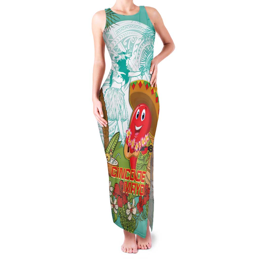 Hawaii Cinco de Mayo Family Matching Tank Maxi Dress and Hawaiian Shirt Chili Pepper Hula Girl Tropical Vibes LT14 Mom's Dress Turquoise - Polynesian Pride