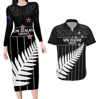 Custom New Zealand Silver Fern Cricket Couples Matching Long Sleeve Bodycon Dress and Hawaiian Shirt Aotearoa Maori Go Black Cap LT14 Black - Polynesian Pride