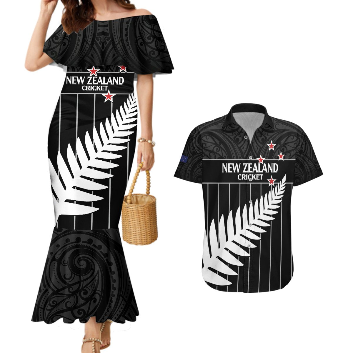 Custom New Zealand Silver Fern Cricket Couples Matching Mermaid Dress and Hawaiian Shirt Aotearoa Maori Go Black Cap LT14 Black - Polynesian Pride