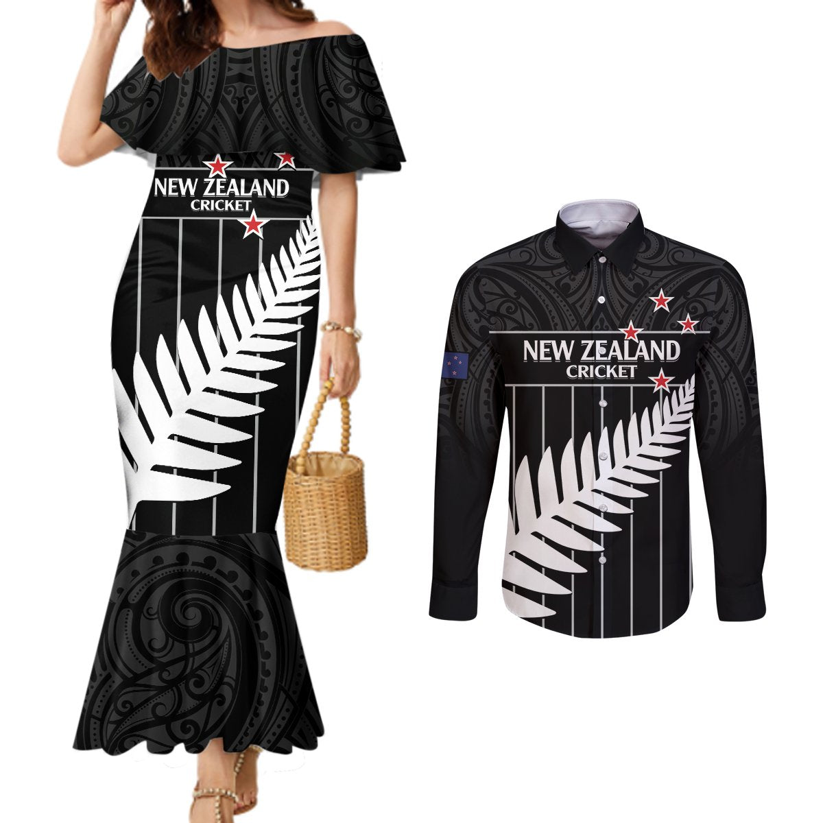 Custom New Zealand Silver Fern Cricket Couples Matching Mermaid Dress and Long Sleeve Button Shirt Aotearoa Maori Go Black Cap LT14 Black - Polynesian Pride
