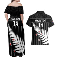 Custom New Zealand Silver Fern Cricket Couples Matching Off Shoulder Maxi Dress and Hawaiian Shirt Aotearoa Maori Go Black Cap LT14 - Polynesian Pride