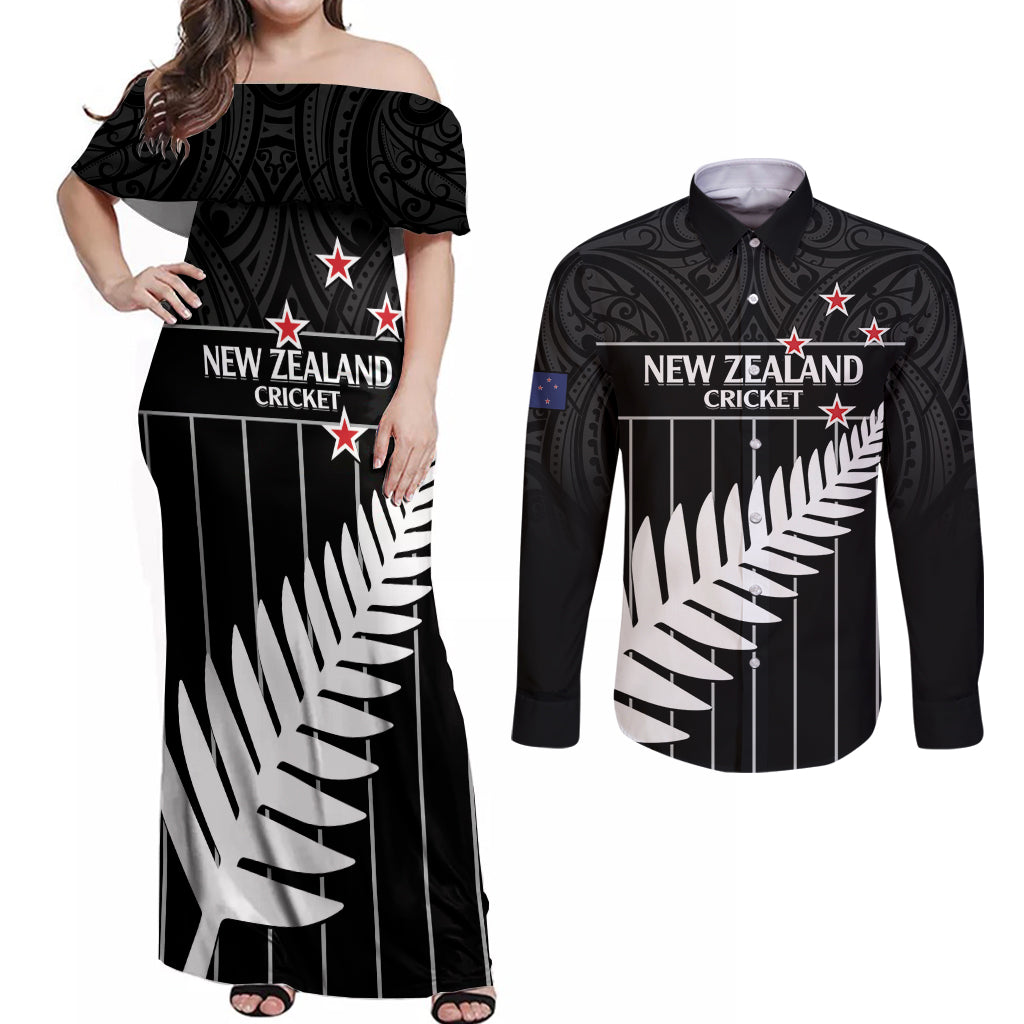 Custom New Zealand Silver Fern Cricket Couples Matching Off Shoulder Maxi Dress and Long Sleeve Button Shirt Aotearoa Maori Go Black Cap LT14 Black - Polynesian Pride