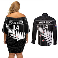 Custom New Zealand Silver Fern Cricket Couples Matching Off Shoulder Short Dress and Long Sleeve Button Shirt Aotearoa Maori Go Black Cap LT14 - Polynesian Pride