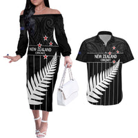 Custom New Zealand Silver Fern Cricket Couples Matching Off The Shoulder Long Sleeve Dress and Hawaiian Shirt Aotearoa Maori Go Black Cap LT14 Black - Polynesian Pride
