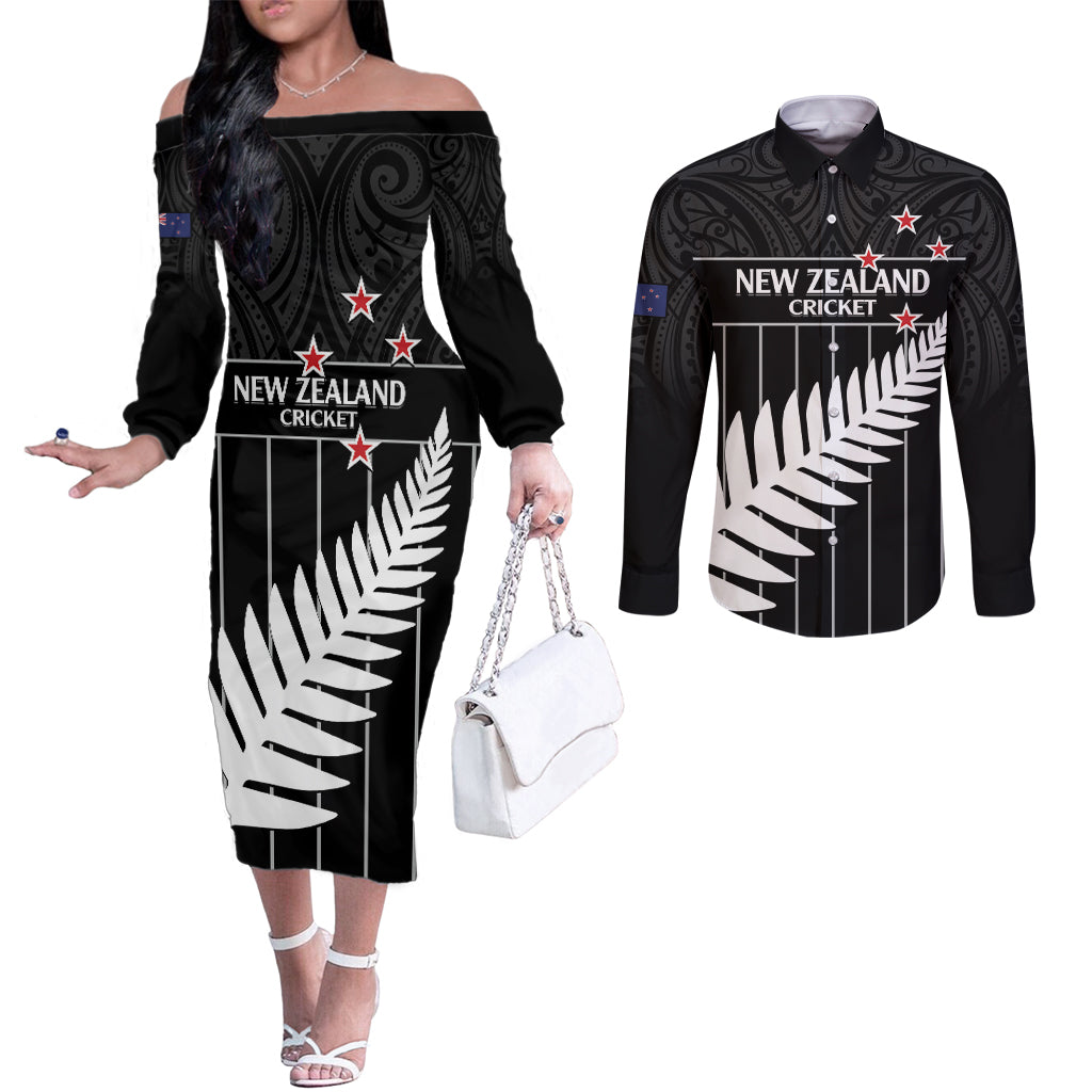 Custom New Zealand Silver Fern Cricket Couples Matching Off The Shoulder Long Sleeve Dress and Long Sleeve Button Shirt Aotearoa Maori Go Black Cap LT14 Black - Polynesian Pride