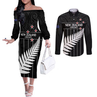 Custom New Zealand Silver Fern Cricket Couples Matching Off The Shoulder Long Sleeve Dress and Long Sleeve Button Shirt Aotearoa Maori Go Black Cap LT14 Black - Polynesian Pride