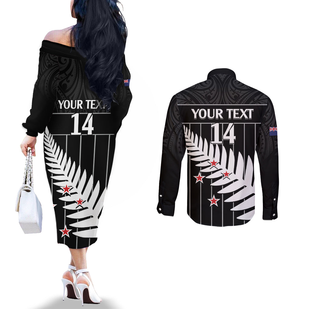 Custom New Zealand Silver Fern Cricket Couples Matching Off The Shoulder Long Sleeve Dress and Long Sleeve Button Shirt Aotearoa Maori Go Black Cap LT14 - Polynesian Pride