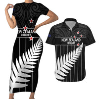 Custom New Zealand Silver Fern Cricket Couples Matching Short Sleeve Bodycon Dress and Hawaiian Shirt Aotearoa Maori Go Black Cap LT14 Black - Polynesian Pride