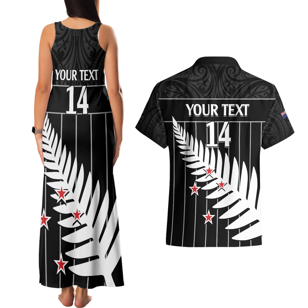 Custom New Zealand Silver Fern Cricket Couples Matching Tank Maxi Dress and Hawaiian Shirt Aotearoa Maori Go Black Cap LT14 - Polynesian Pride