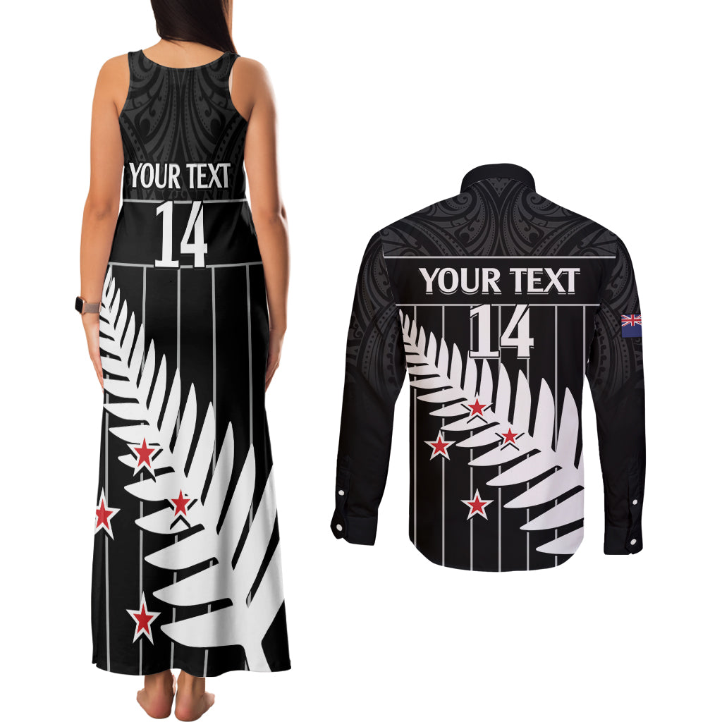 Custom New Zealand Silver Fern Cricket Couples Matching Tank Maxi Dress and Long Sleeve Button Shirt Aotearoa Maori Go Black Cap LT14 - Polynesian Pride