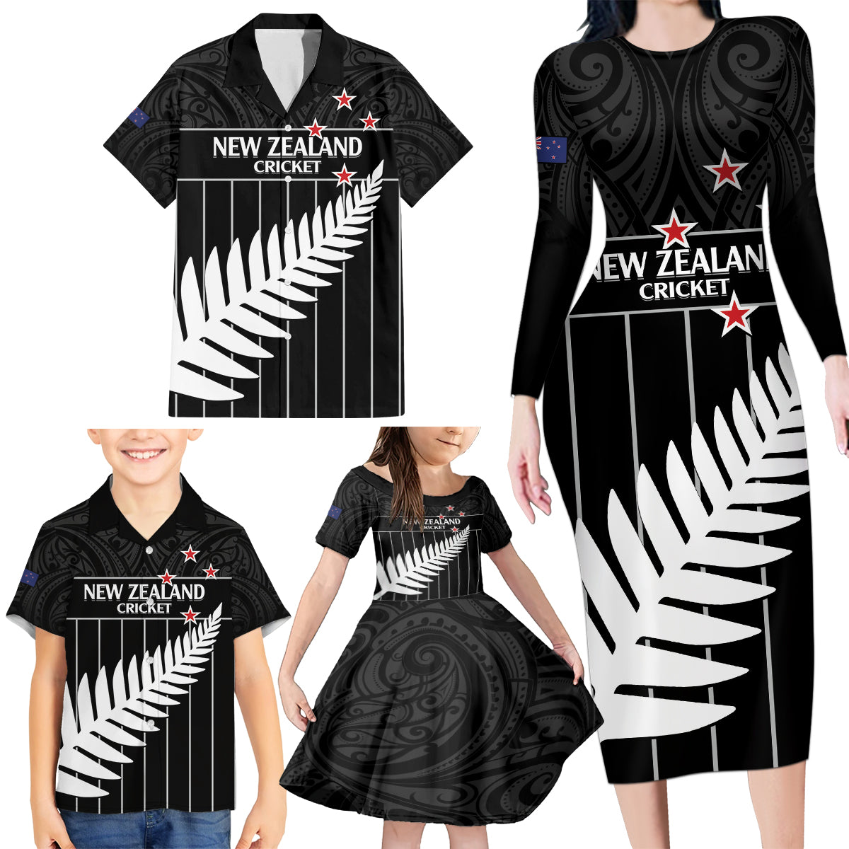 Custom New Zealand Silver Fern Cricket Family Matching Long Sleeve Bodycon Dress and Hawaiian Shirt Aotearoa Maori Go Black Cap LT14 - Polynesian Pride
