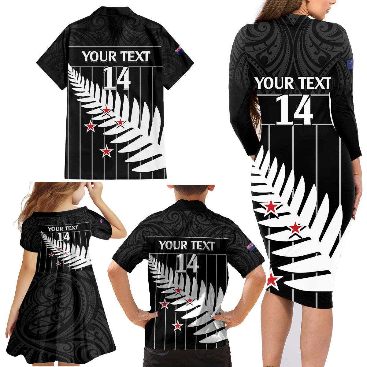 Custom New Zealand Silver Fern Cricket Family Matching Long Sleeve Bodycon Dress and Hawaiian Shirt Aotearoa Maori Go Black Cap LT14 - Polynesian Pride