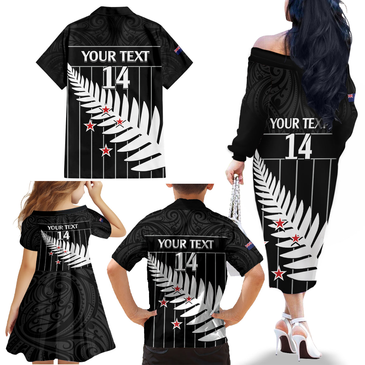 Custom New Zealand Silver Fern Cricket Family Matching Off The Shoulder Long Sleeve Dress and Hawaiian Shirt Aotearoa Maori Go Black Cap LT14 - Polynesian Pride