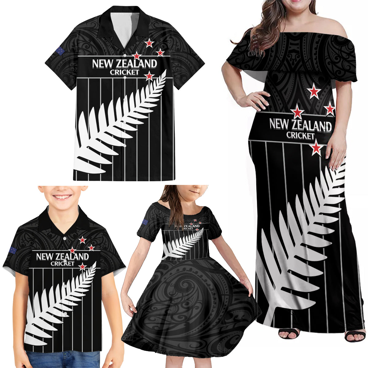 Custom New Zealand Silver Fern Cricket Family Matching Off Shoulder Maxi Dress and Hawaiian Shirt Aotearoa Maori Go Black Cap LT14 - Polynesian Pride