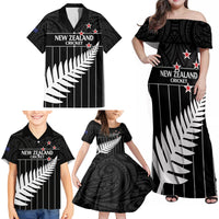 Custom New Zealand Silver Fern Cricket Family Matching Off Shoulder Maxi Dress and Hawaiian Shirt Aotearoa Maori Go Black Cap LT14 - Polynesian Pride