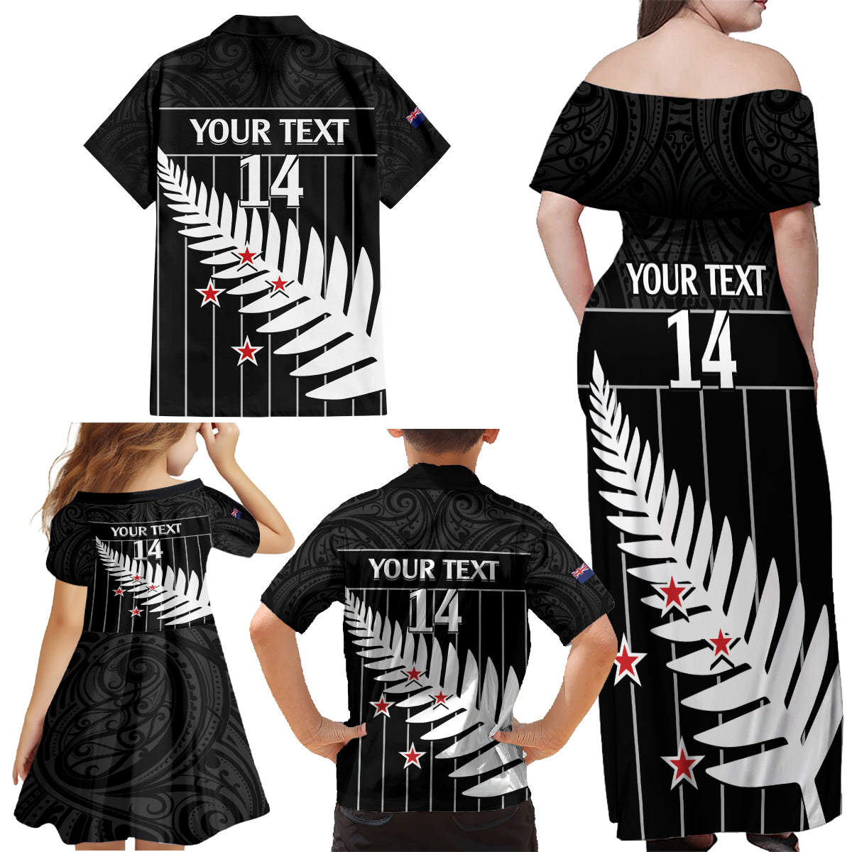 Custom New Zealand Silver Fern Cricket Family Matching Off Shoulder Maxi Dress and Hawaiian Shirt Aotearoa Maori Go Black Cap LT14 - Polynesian Pride
