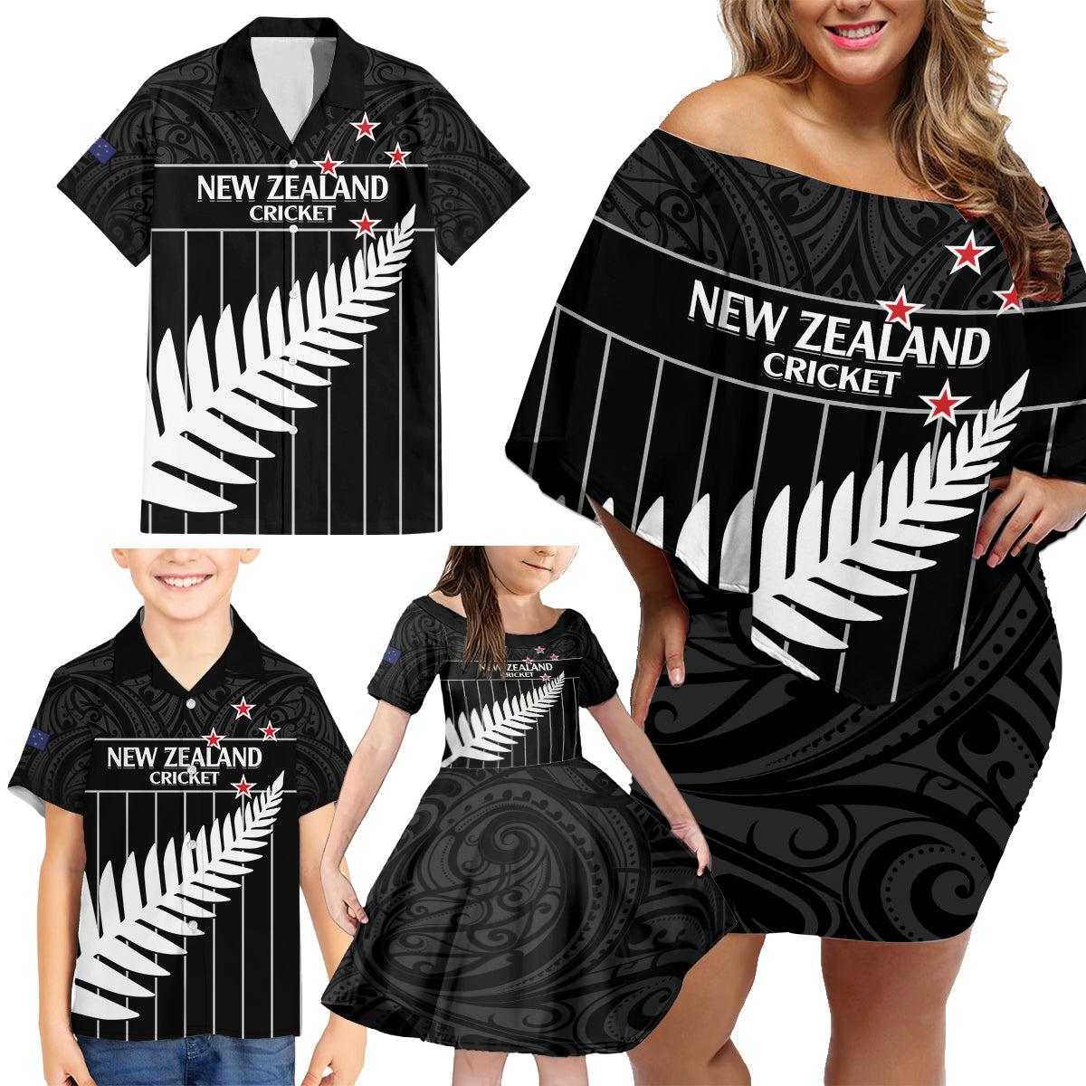 Custom New Zealand Silver Fern Cricket Family Matching Off Shoulder Short Dress and Hawaiian Shirt Aotearoa Maori Go Black Cap LT14 - Polynesian Pride