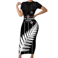 Custom New Zealand Silver Fern Cricket Family Matching Short Sleeve Bodycon Dress and Hawaiian Shirt Aotearoa Maori Go Black Cap LT14 Mom's Dress Black - Polynesian Pride