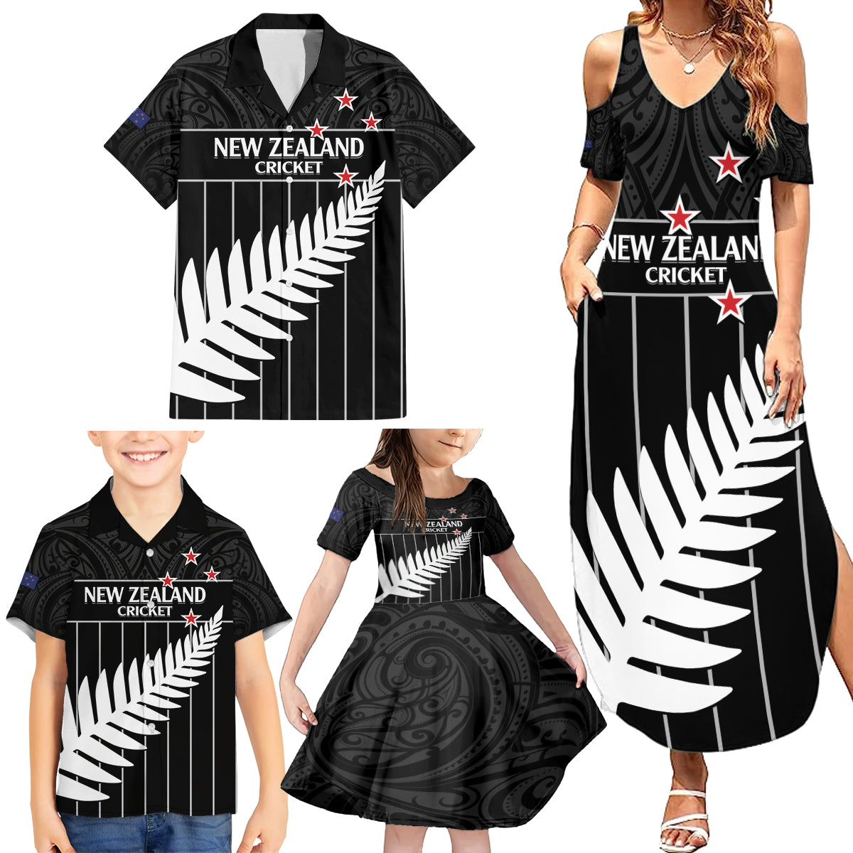 Custom New Zealand Silver Fern Cricket Family Matching Summer Maxi Dress and Hawaiian Shirt Aotearoa Maori Go Black Cap LT14 - Polynesian Pride