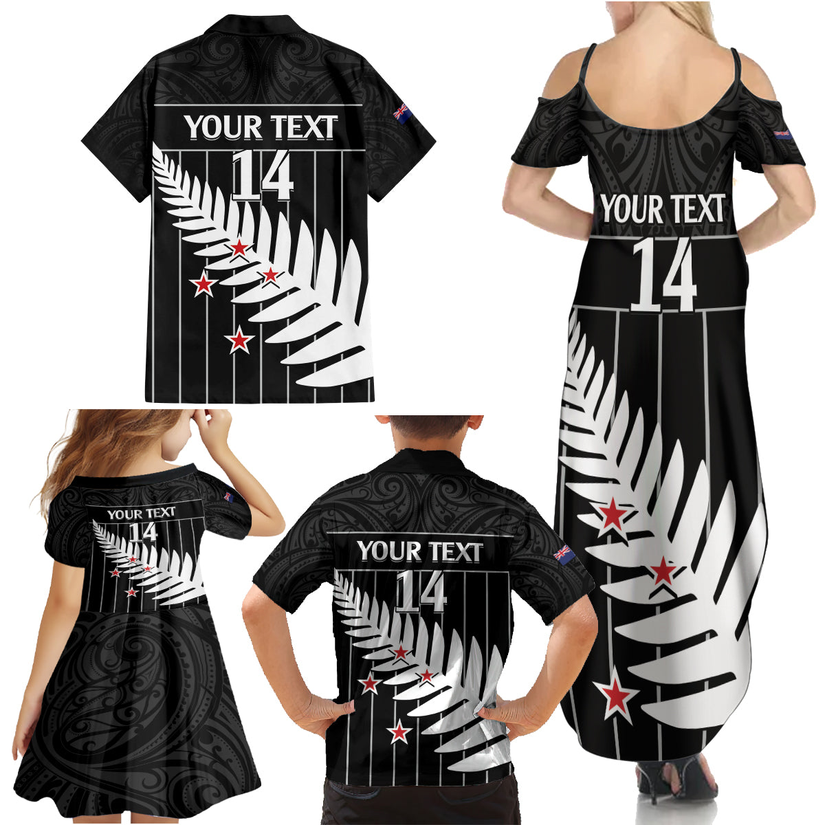 Custom New Zealand Silver Fern Cricket Family Matching Summer Maxi Dress and Hawaiian Shirt Aotearoa Maori Go Black Cap LT14 - Polynesian Pride