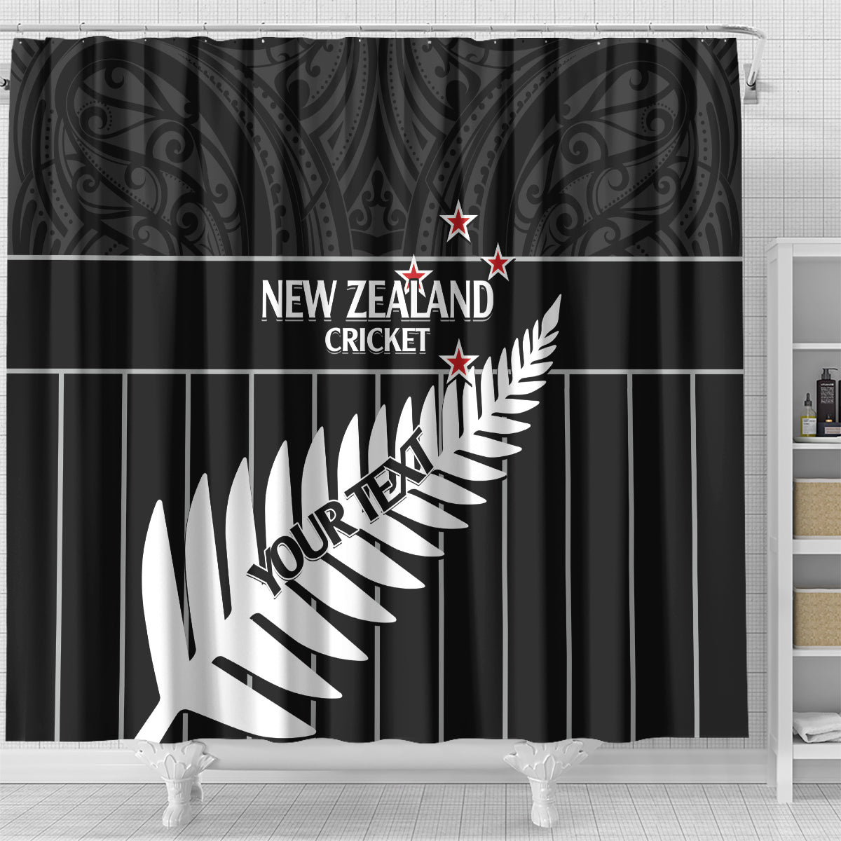 Custom New Zealand Silver Fern Cricket Shower Curtain Aotearoa Maori Go Black Cap