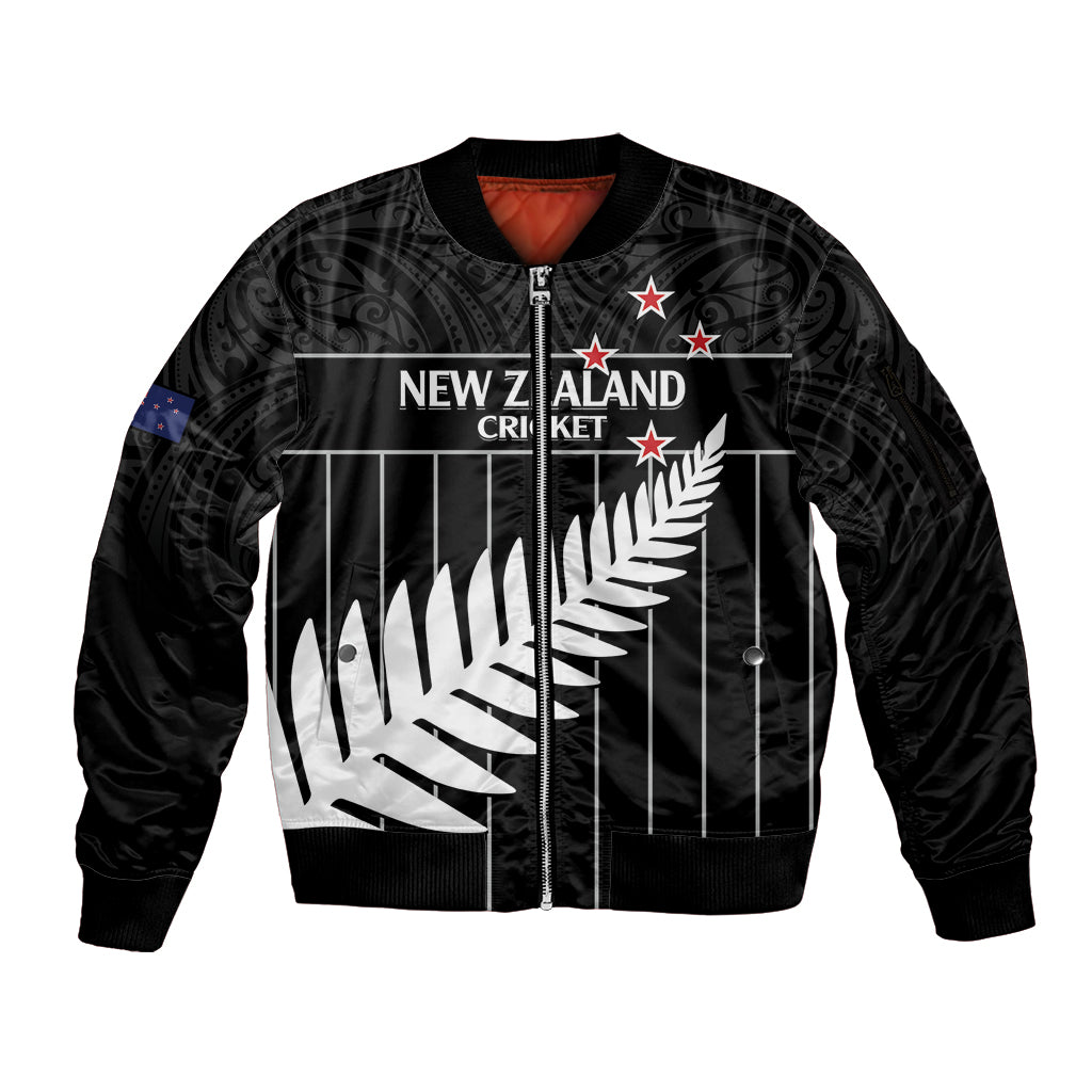 Custom New Zealand Silver Fern Cricket Sleeve Zip Bomber Jacket Aotearoa Maori Go Black Cap LT14 Unisex Black - Polynesian Pride