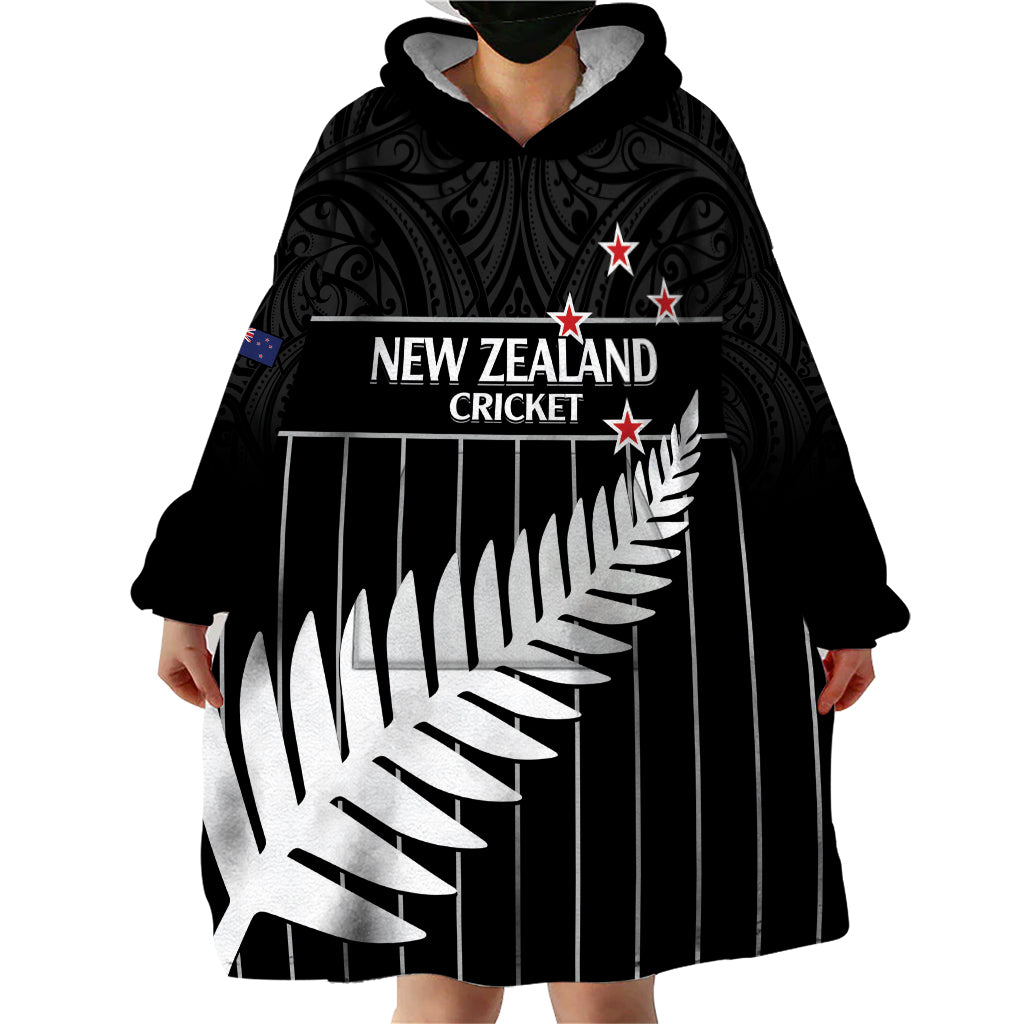 Custom New Zealand Silver Fern Cricket Wearable Blanket Hoodie Aotearoa Maori Go Black Cap