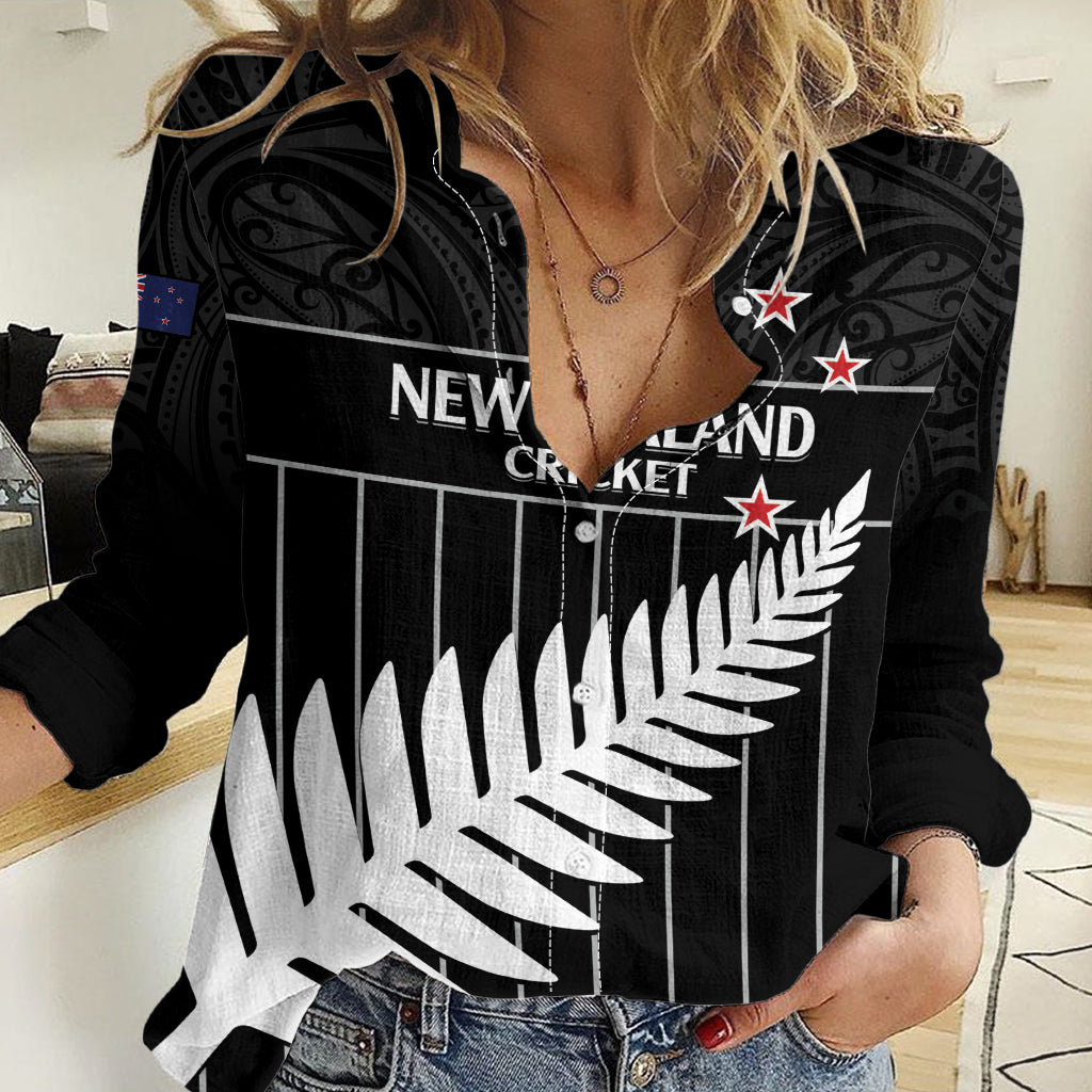 Custom New Zealand Silver Fern Cricket Women Casual Shirt Aotearoa Maori Go Black Cap LT14 Female Black - Polynesian Pride
