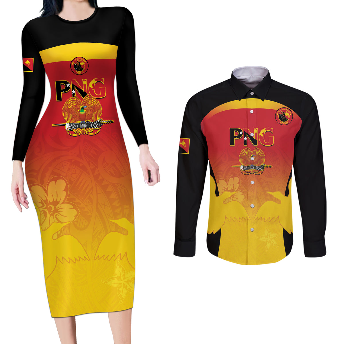 Custom Papua New Guinea Cricket Couples Matching Long Sleeve Bodycon Dress and Long Sleeve Button Shirt 2024 Go PNG LT14 Black - Polynesian Pride