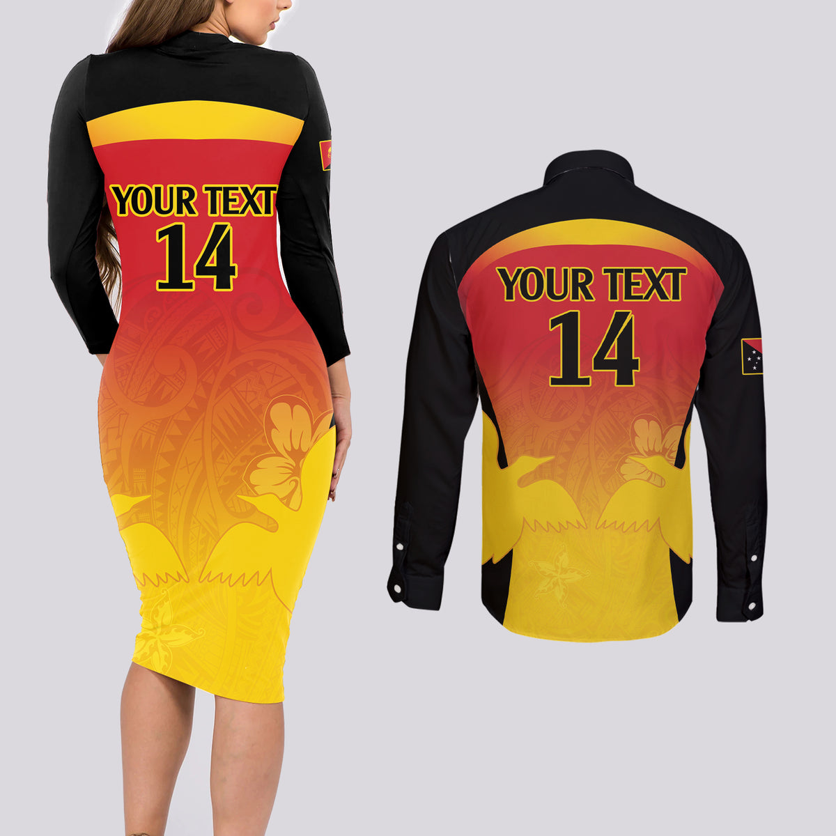Custom Papua New Guinea Cricket Couples Matching Long Sleeve Bodycon Dress and Long Sleeve Button Shirt 2024 Go PNG LT14 - Polynesian Pride