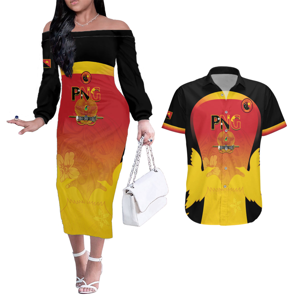 Custom Papua New Guinea Cricket Couples Matching Off The Shoulder Long Sleeve Dress and Hawaiian Shirt 2024 Go PNG LT14 Black - Polynesian Pride
