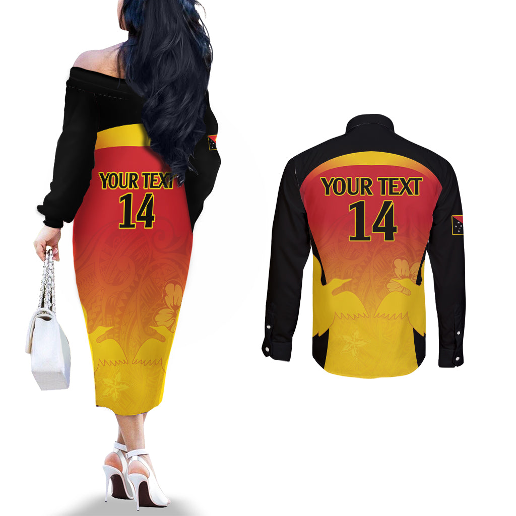 Custom Papua New Guinea Cricket Couples Matching Off The Shoulder Long Sleeve Dress and Long Sleeve Button Shirt 2024 Go PNG LT14 - Polynesian Pride