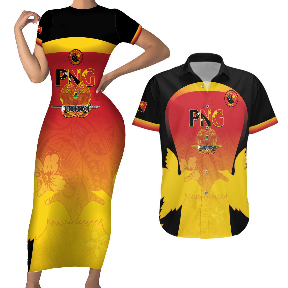 Custom Papua New Guinea Cricket Couples Matching Short Sleeve Bodycon Dress and Hawaiian Shirt 2024 Go PNG LT14 Black - Polynesian Pride