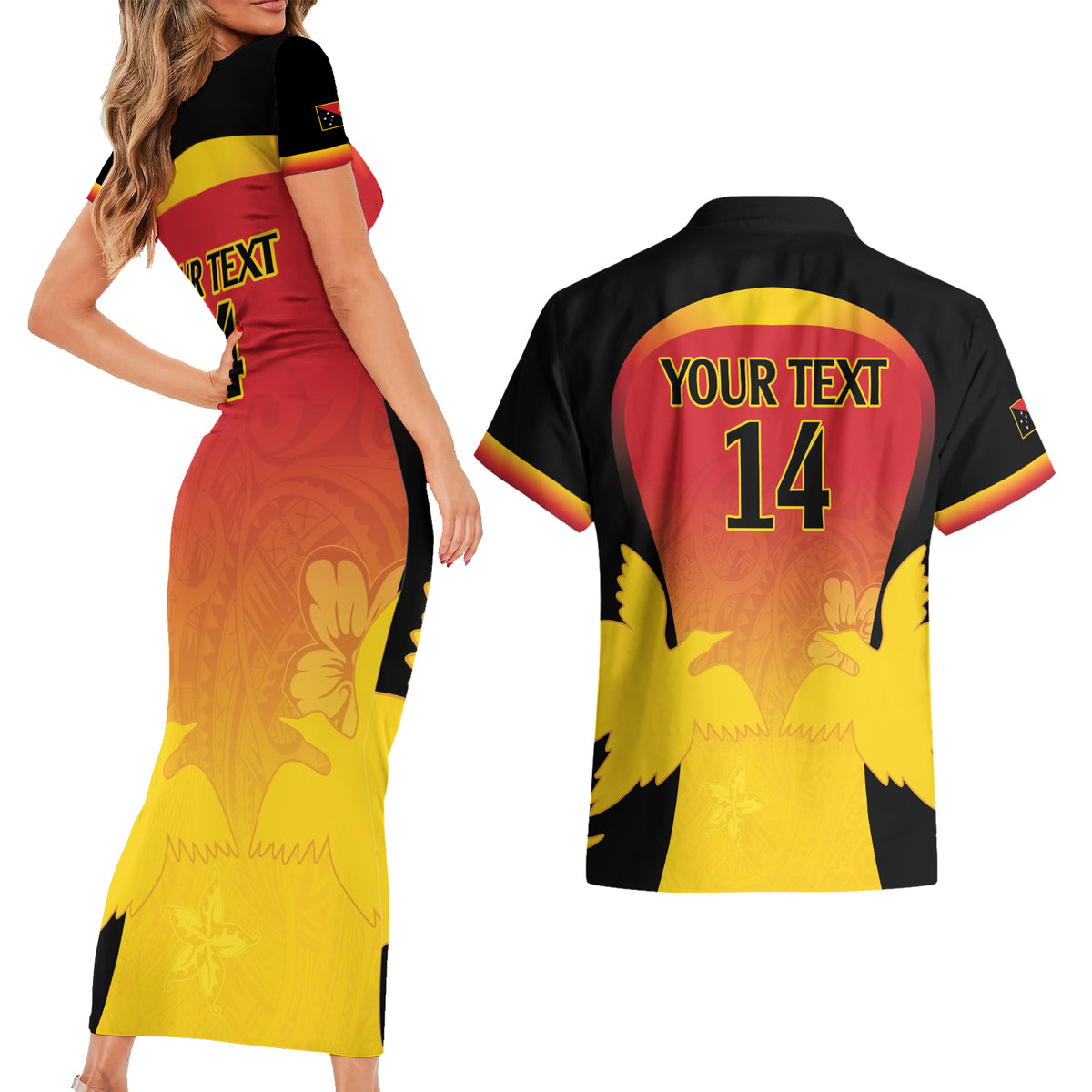 Custom Papua New Guinea Cricket Couples Matching Short Sleeve Bodycon Dress and Hawaiian Shirt 2024 Go PNG LT14 - Polynesian Pride