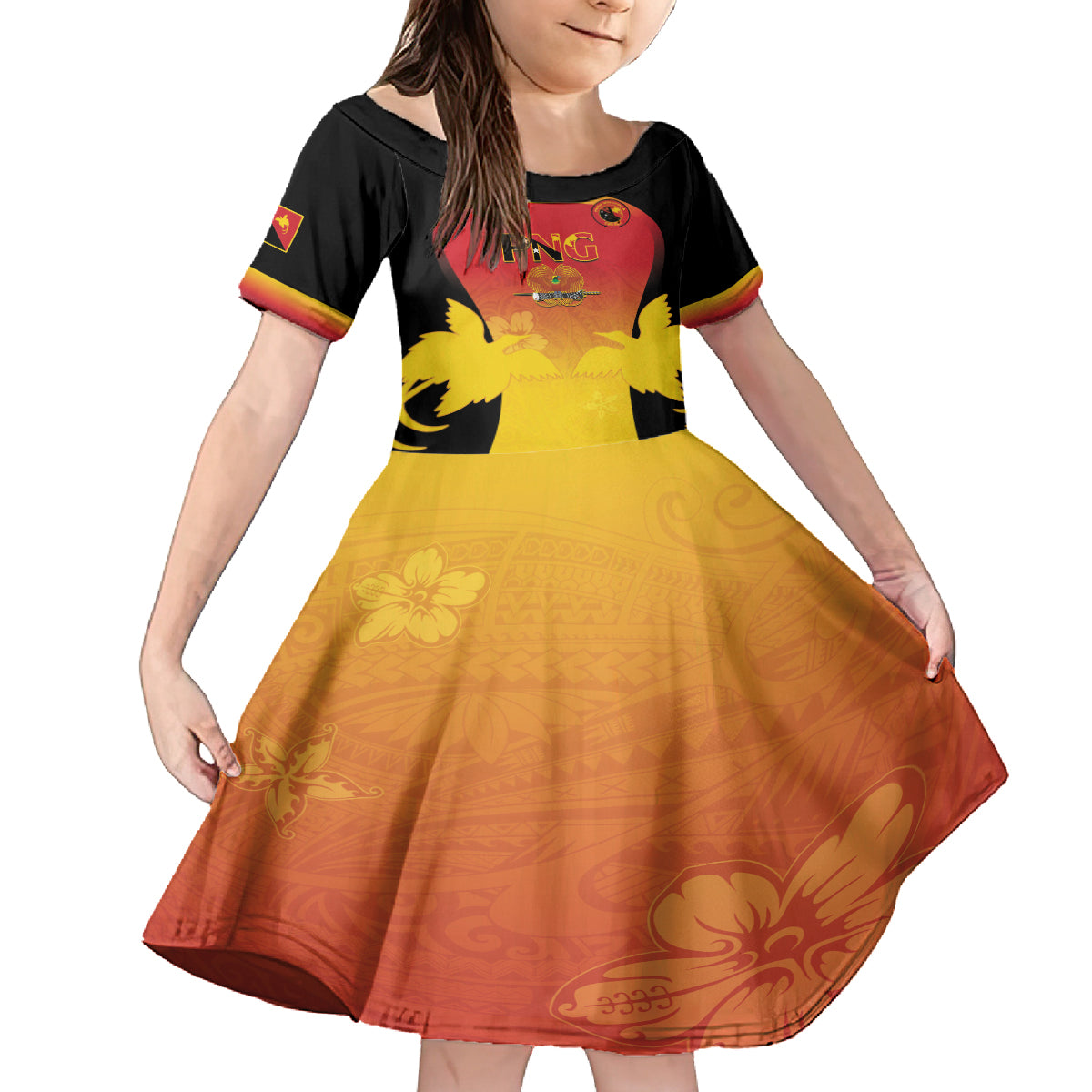 Custom Papua New Guinea Cricket Family Matching Long Sleeve Bodycon Dress and Hawaiian Shirt 2024 Go PNG LT14 Daughter's Dress Black - Polynesian Pride