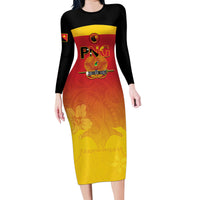 Custom Papua New Guinea Cricket Family Matching Long Sleeve Bodycon Dress and Hawaiian Shirt 2024 Go PNG LT14 Mom's Dress Black - Polynesian Pride