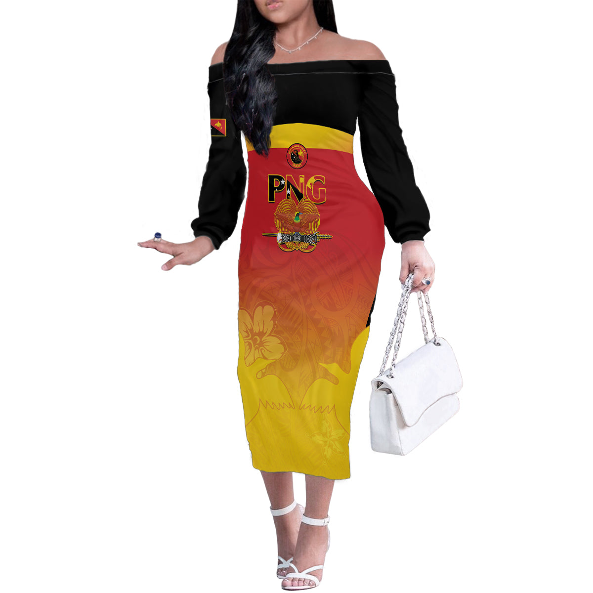 Custom Papua New Guinea Cricket Family Matching Off The Shoulder Long Sleeve Dress and Hawaiian Shirt 2024 Go PNG LT14 Mom's Dress Black - Polynesian Pride