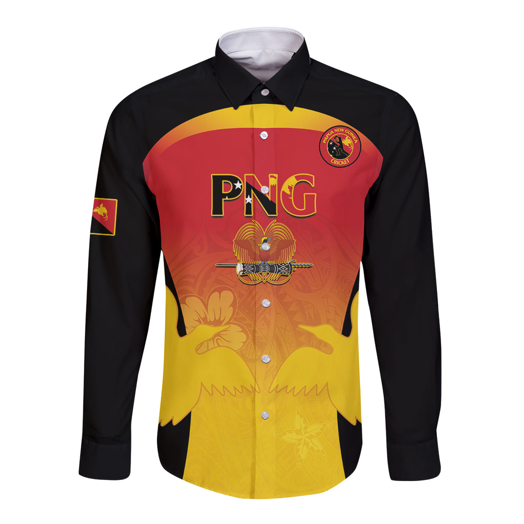 Custom Papua New Guinea Cricket Long Sleeve Button Shirt 2024 Go PNG LT14 Unisex Black - Polynesian Pride