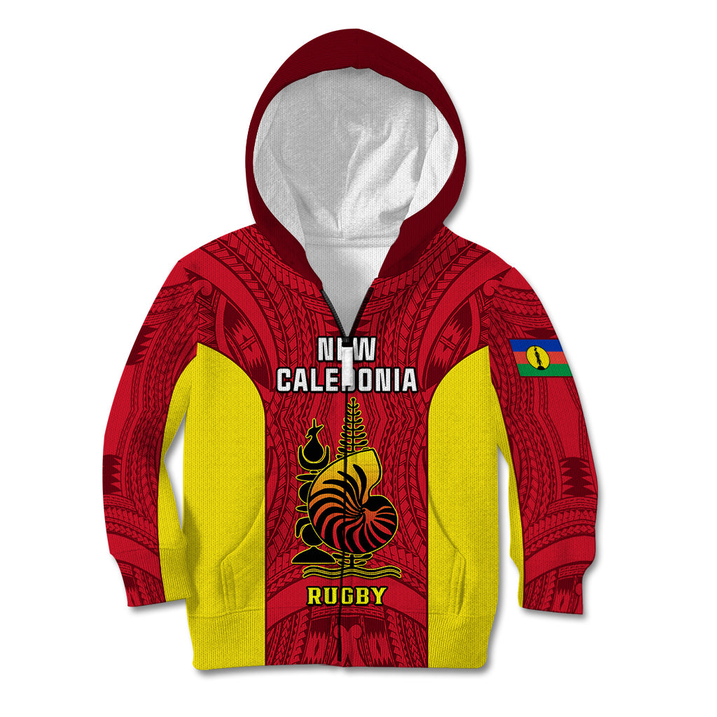 New Caledonia Rugby Kid Hoodie Coat Of Arms Mix Polynesian Pattern LT14 Zip Hoodie Red - Polynesian Pride