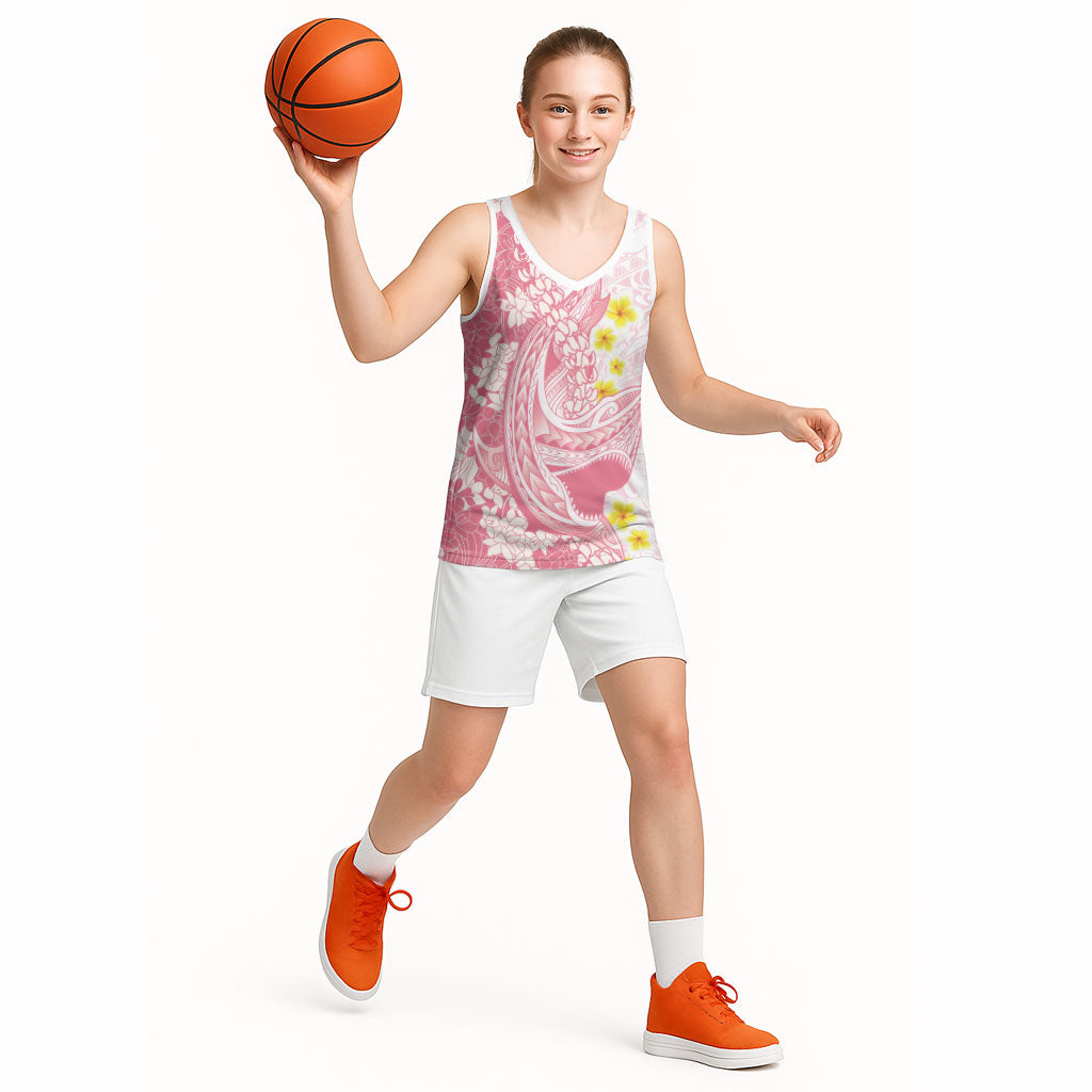 Pink Hawaii Shark Tattoo Basketball Jersey Puakenikeni Lei Plumeria Polynesian Pattern