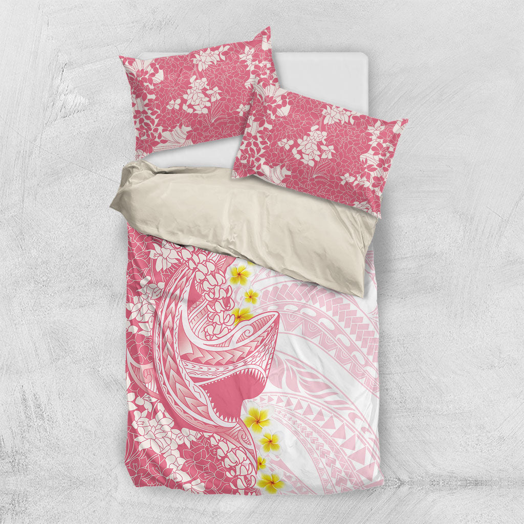 Pink Hawaii Shark Tattoo Bedding Set Puakenikeni Lei Plumeria Polynesian Pattern