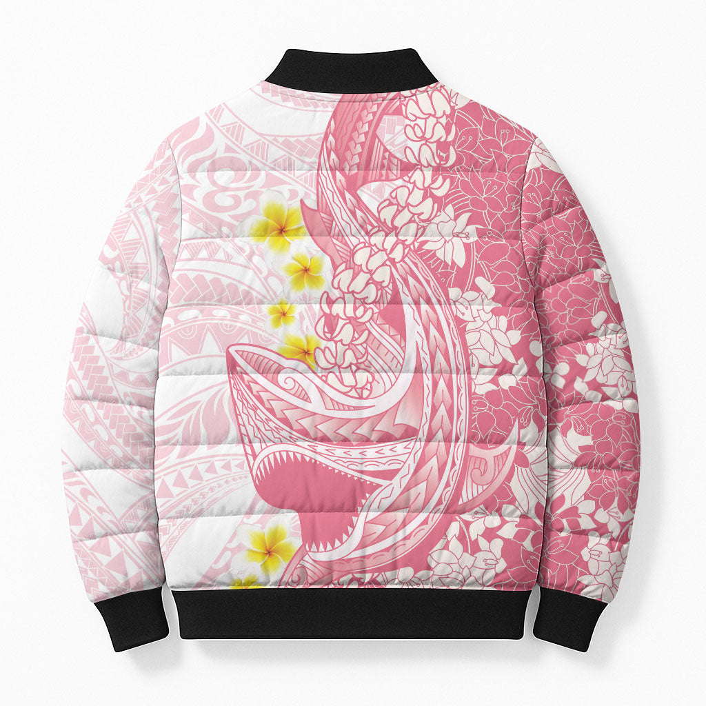 Pink Hawaii Shark Tattoo Bomber Puffer Jacket Puakenikeni Lei Plumeria Polynesian Pattern